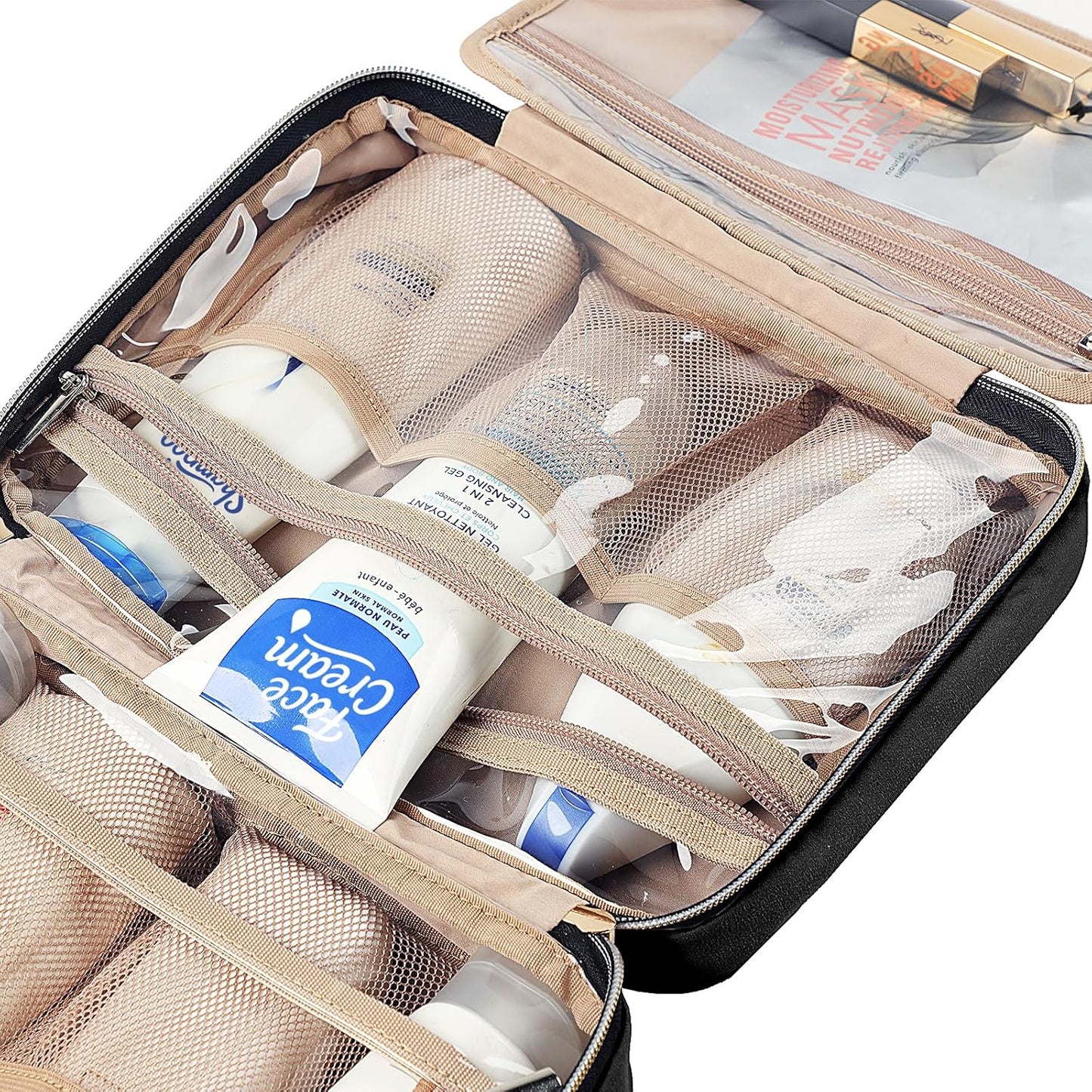 NISHEL Travel Toiletry Bag for women, Portable Hanging Organizer for Travel-Sized Shampoo, Conditioner, Brushes Set, makeup Accessories, Medium Size, Black