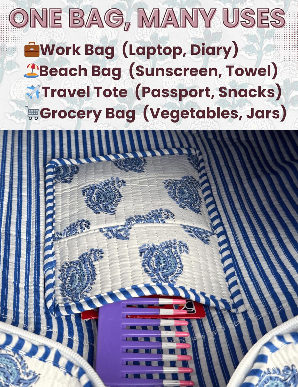 Cotton Quilted Tote Bag for Women – Large Beach & Travel Tote with Zipper, Reusable Grocery Bag