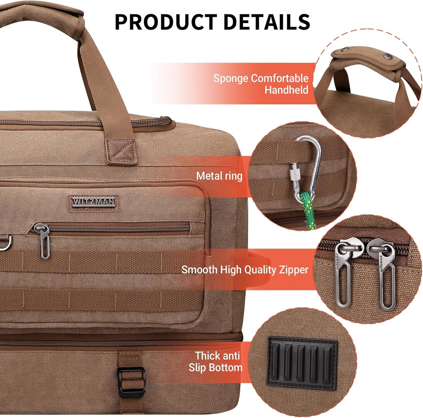 WITZMAN Duffle Bag for Men 50L Canvas Weekender Overnight Bag with Toiletry Bag Sets Travel Duffel Bag Shoes Compartment(A8010-2 Brown)