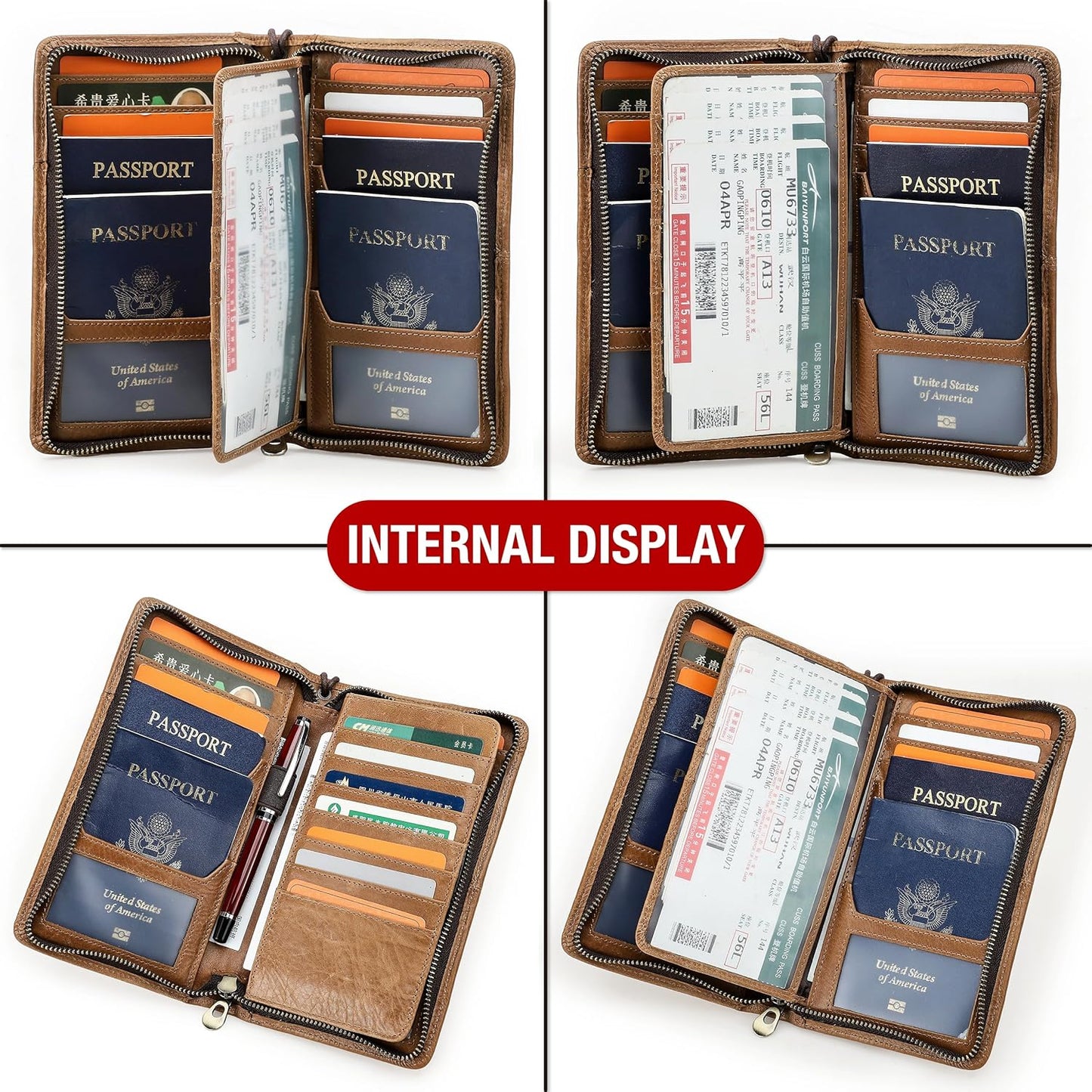 Top Grain Leather Travel Passport Wallet Holder for Man & Woman, Handmade with Three-Layer for 4 Passports & Multi Cards, RFID Blocking Large Capacity for Cards/Passports/Tickets, Brown