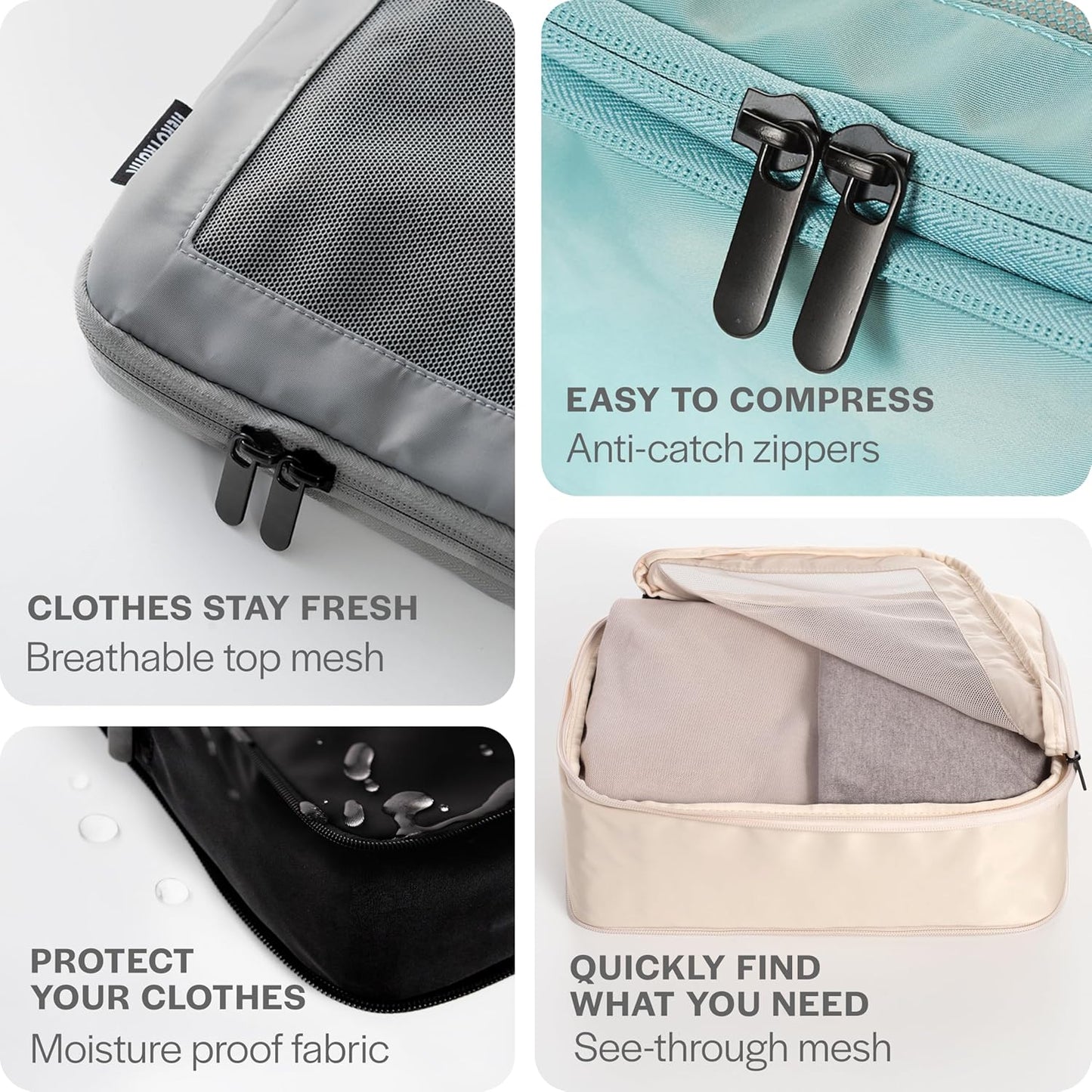 Compression Packing Cubes for Travel - Luggage Organizer Bags - Double Zipper Packing Cubes for Suitcases (6-Pack, Beige)