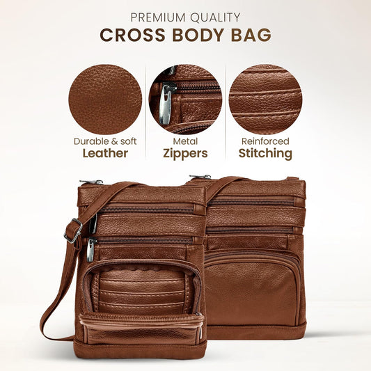 Krediz leather Crossbody Purses for Women, Multi Pocket Crossbody Purse with Adjustable Strap, Soft & Durable Leather Purse