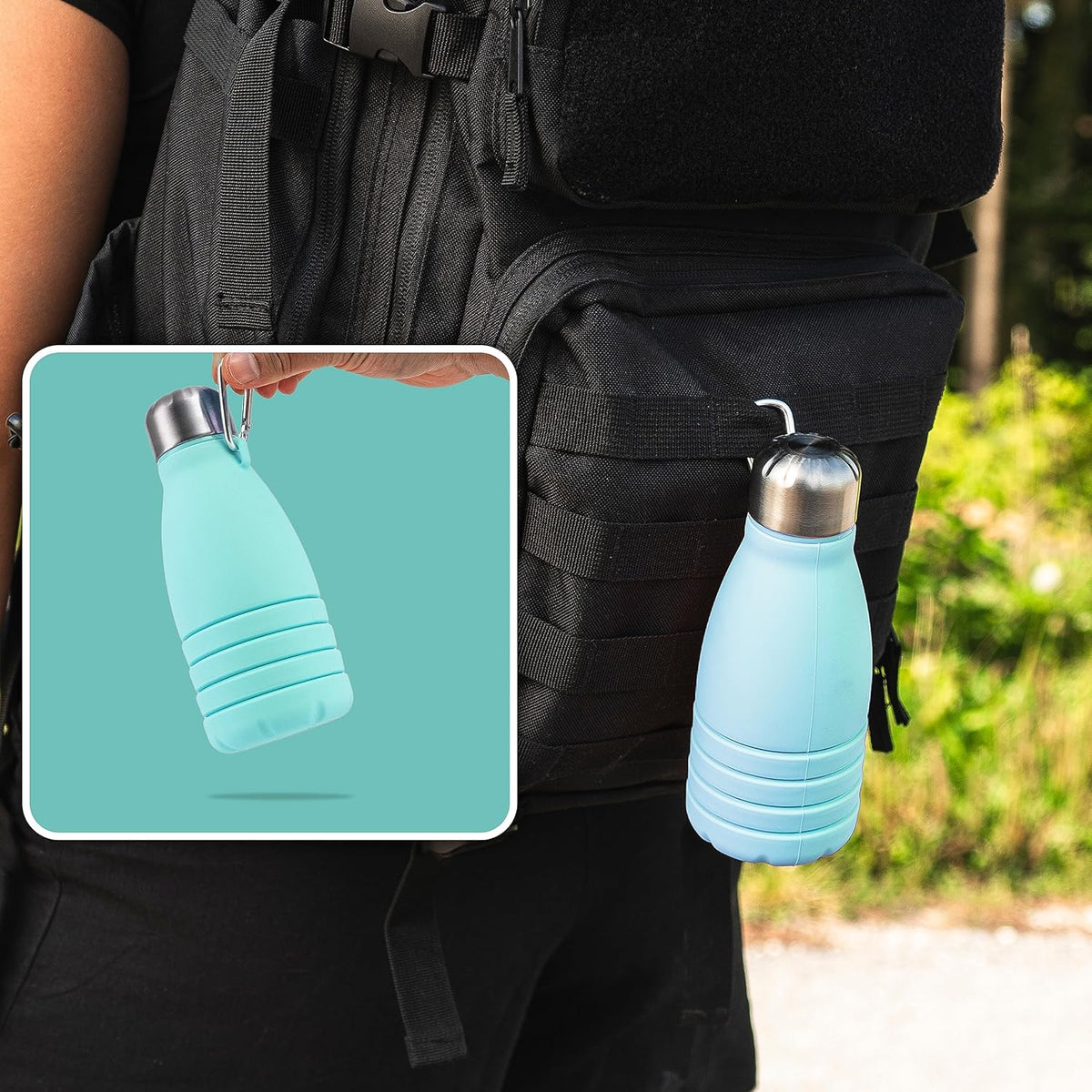Foldable Drinking Bottle - BPA-free, leak-proof - Ideal festival accessory and practical outdoor companion with carabiner (Turquoise)