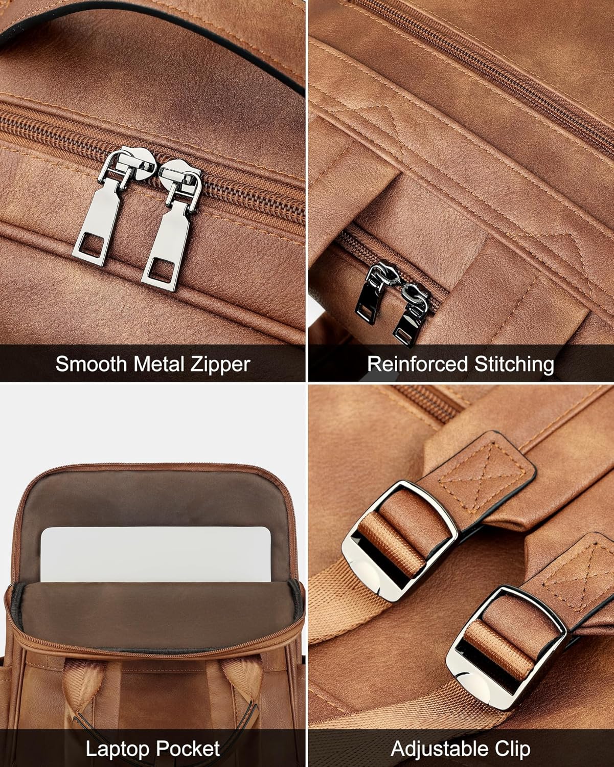 MASINTOR 15.6 inch PU Leather Laptop Backpack Purse for Women, Large College Casual Backpack Travel Bag Mocha Brown