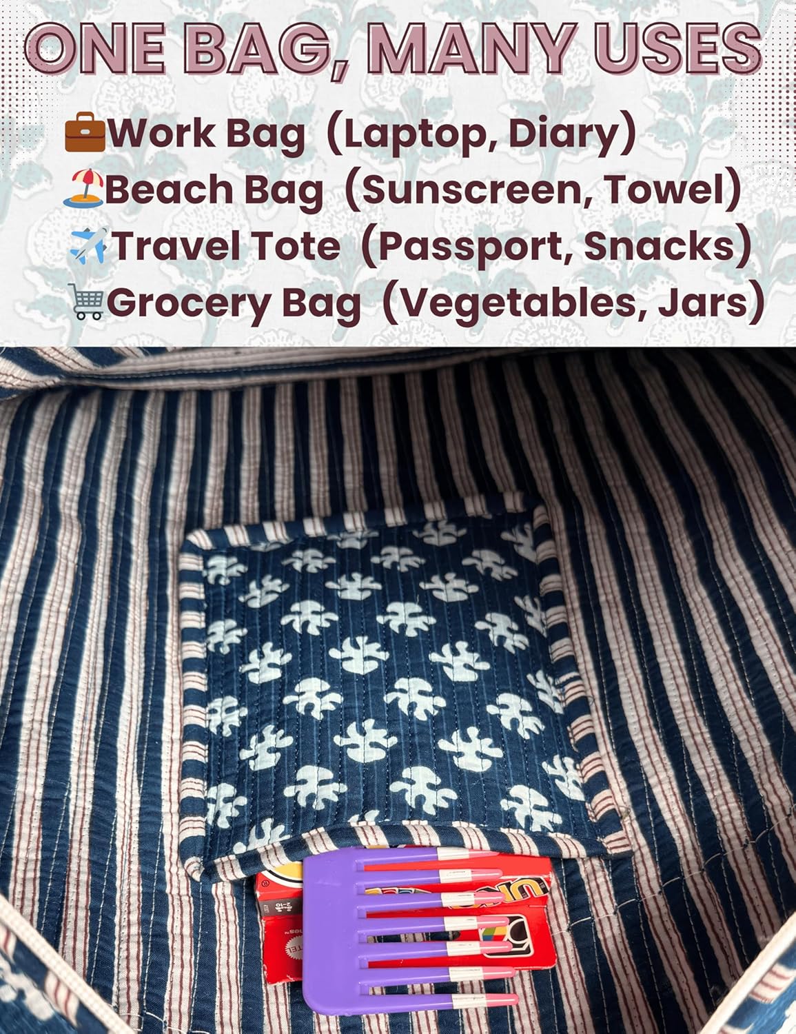 Cotton Quilted Tote Bag for Women – Large Beach & Travel Tote with Zipper, Reusable Grocery Bag