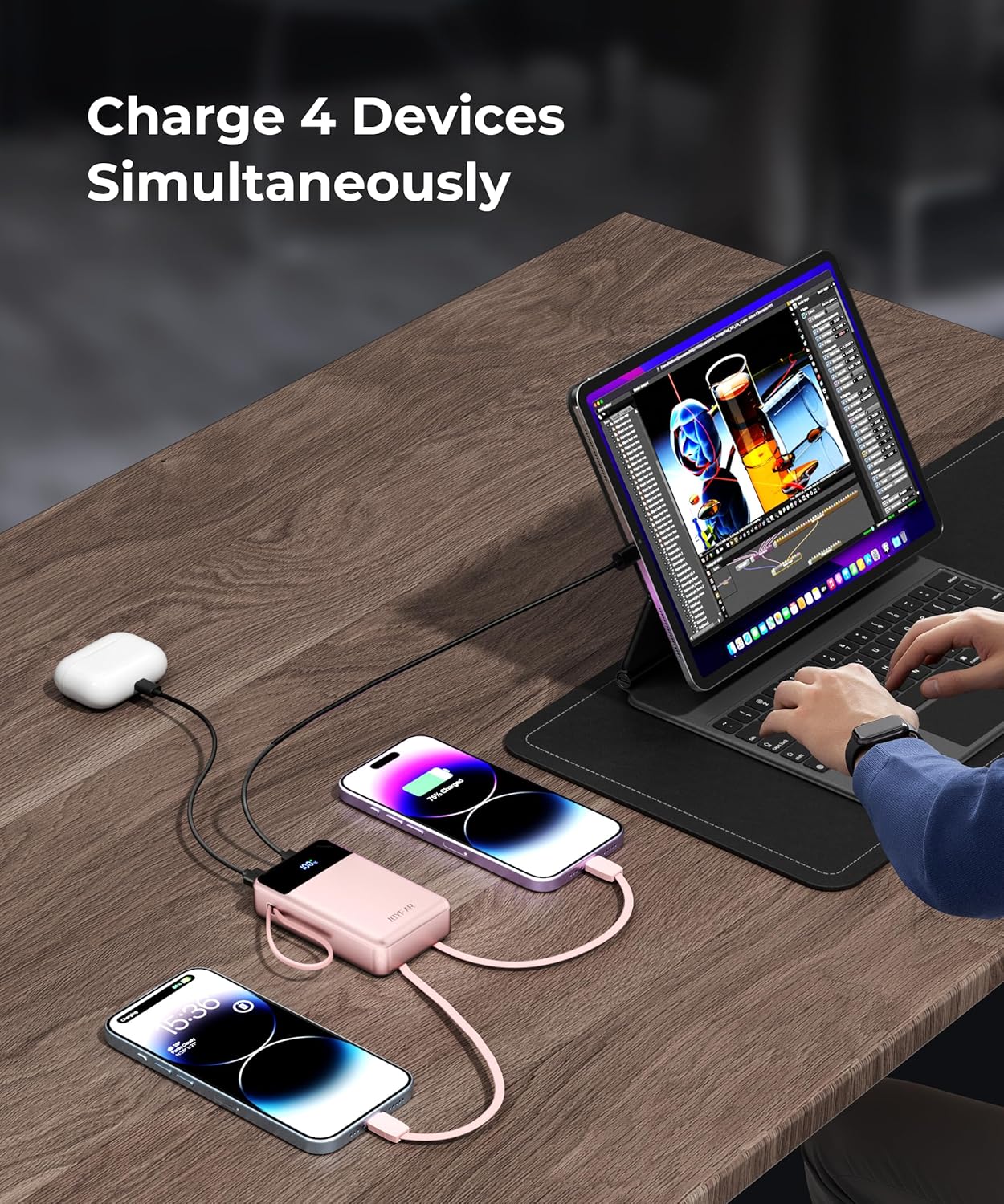 Portable-Charger-Power-Bank Travel Essentials Battery Pack USB C 30000mAh Built in Cable 22.5W Phone Fast Charging Powerbank Compatible with iPhone 16 15 14 13 12 11 iPad Google Xiaomi (Pink)