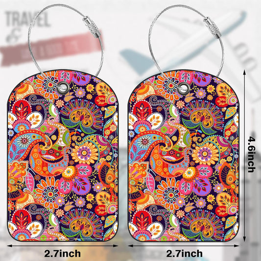 2 PCS Leather Luggage Tags for Suitcase Boho Colorful Paisley Travel Luggage Tag with Privacy Flap Name ID Label and Metal Loop for Travel Bag Suitcase
