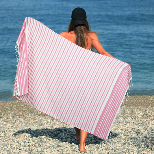 HILLFAIR Cotton Turkish Beach Towels, Quick Dry Lightweight Sand Free Peshtemal Towel for Bath Swim Yoga Spa Travel, Beach Accessories, Oversized Cotton Turkish Towels (39 x 72 inch- 4 Pack Pink)
