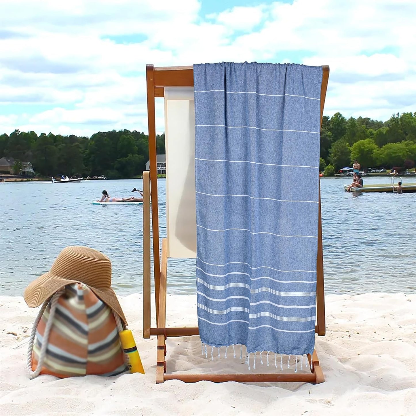 HILLFAIR Cotton Turkish Beach Towels, Quick Dry Lightweight Sand Free Peshtemal Towel for Bath Swim Yoga Spa Travel, Beach Accessories, Oversized Cotton Turkish Towels (39 x 72 inch- 4 Pack Blue)