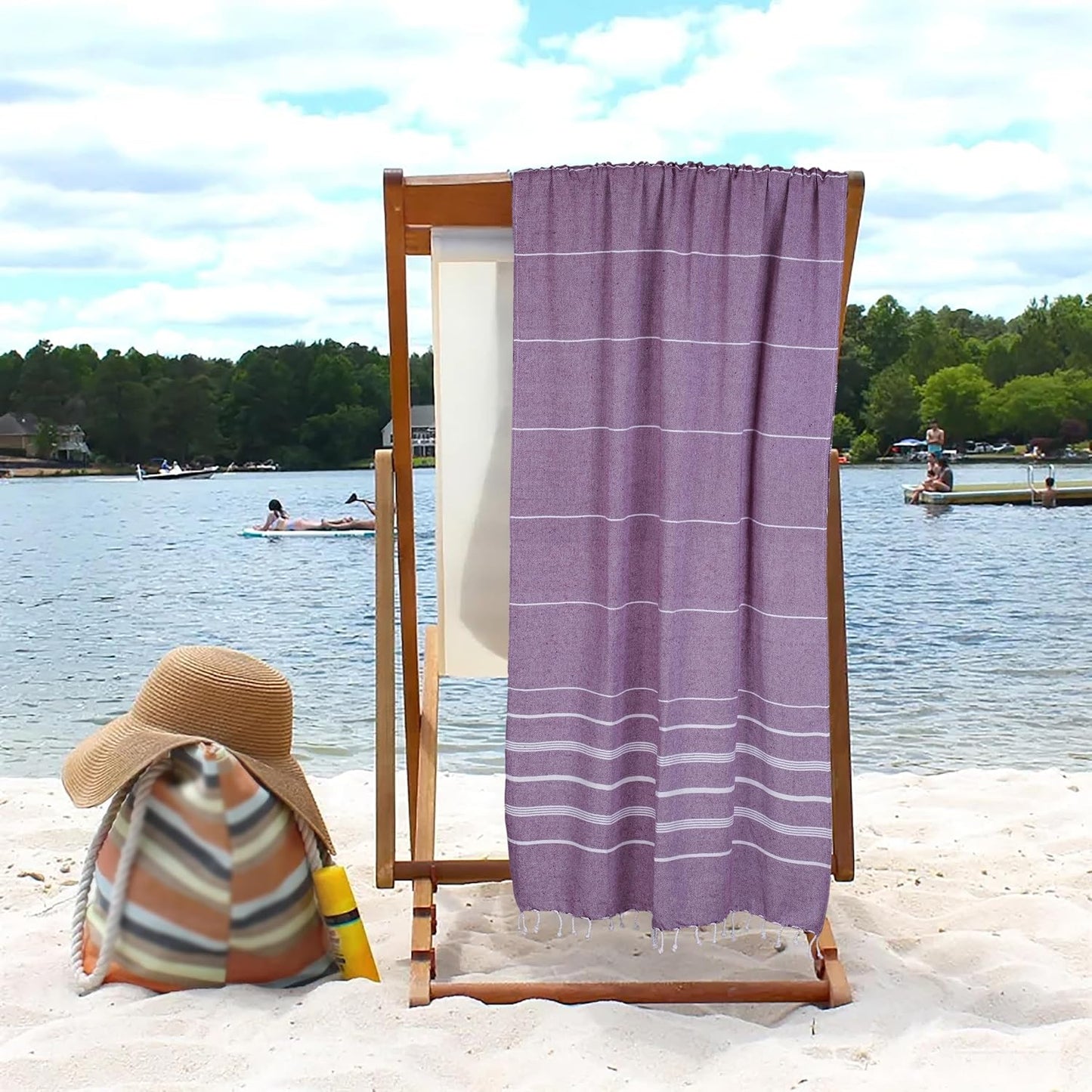 HILLFAIR Cotton Turkish Beach Towels, Quick Dry Lightweight Sand Free Peshtemal Towel for Bath Swim Yoga Spa Travel, Beach Accessories, Oversized Cotton Turkish Towels (39 x 72 inch- 4 Pack Purple)