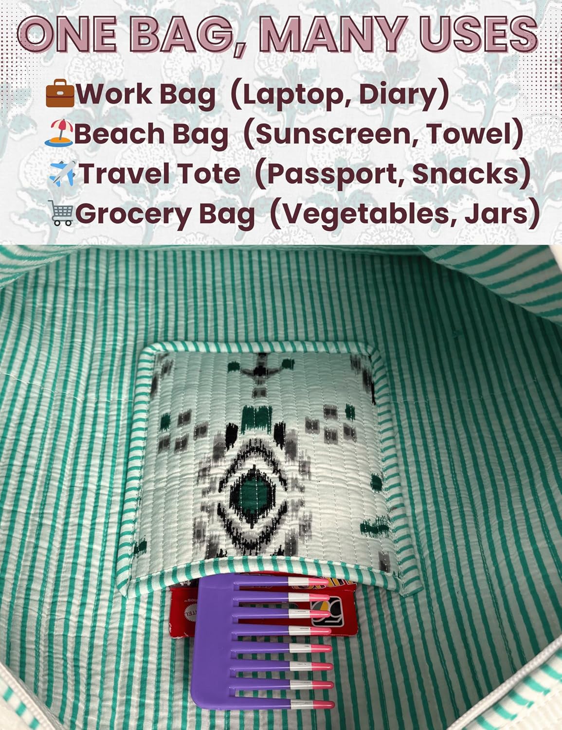 Cotton Quilted Tote Bag for Women – Large Beach & Travel Tote with Zipper, Reusable Grocery Bag