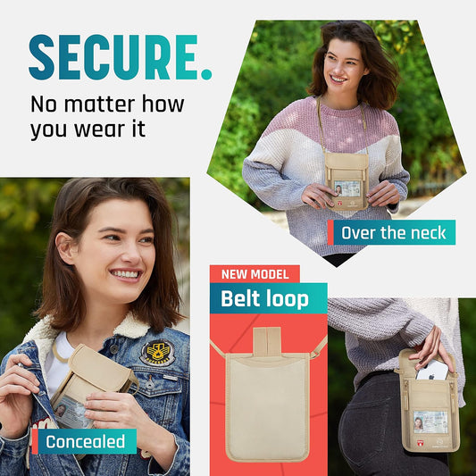 Alpha Keeper Neck Wallet, Travel Pouch For Passport Holder And Documents, RFID Blocking, Beige, Unisex Adult, Travelers, Adults