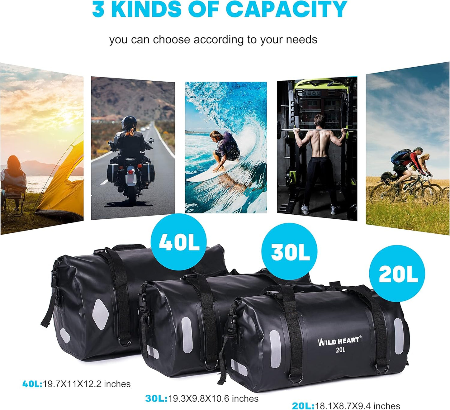 WILD HEART Waterproof Bag Duffel Bag 20L 30L 40L with Welded Seams Shoulder Straps, Mesh Pocket for Kayaking, Camping, Boating,Bicycle,Motorcycle