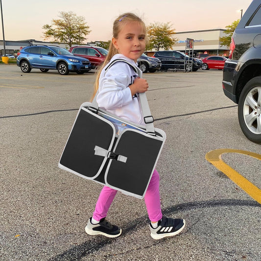 MENZOKE Car Seat Tray for Kids with Large Educational Drawing Board, Tablet Stand & Cooler Cup Holder, Essential for Family Road Trips, Airplane Rides & Daily Commutes, Black