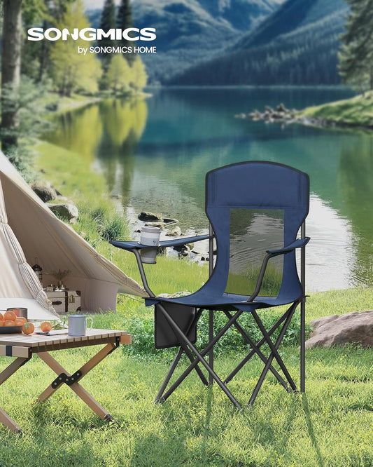 SONGMICS Breathable Camping Chairs, Foldable Outdoor Chairs Set of 2, High Back, Adjustable Armrests, Drink Holder, Weight Capacity 330 lb, for Sports Garden Backyard, Harbor Blue UGCB028Q01