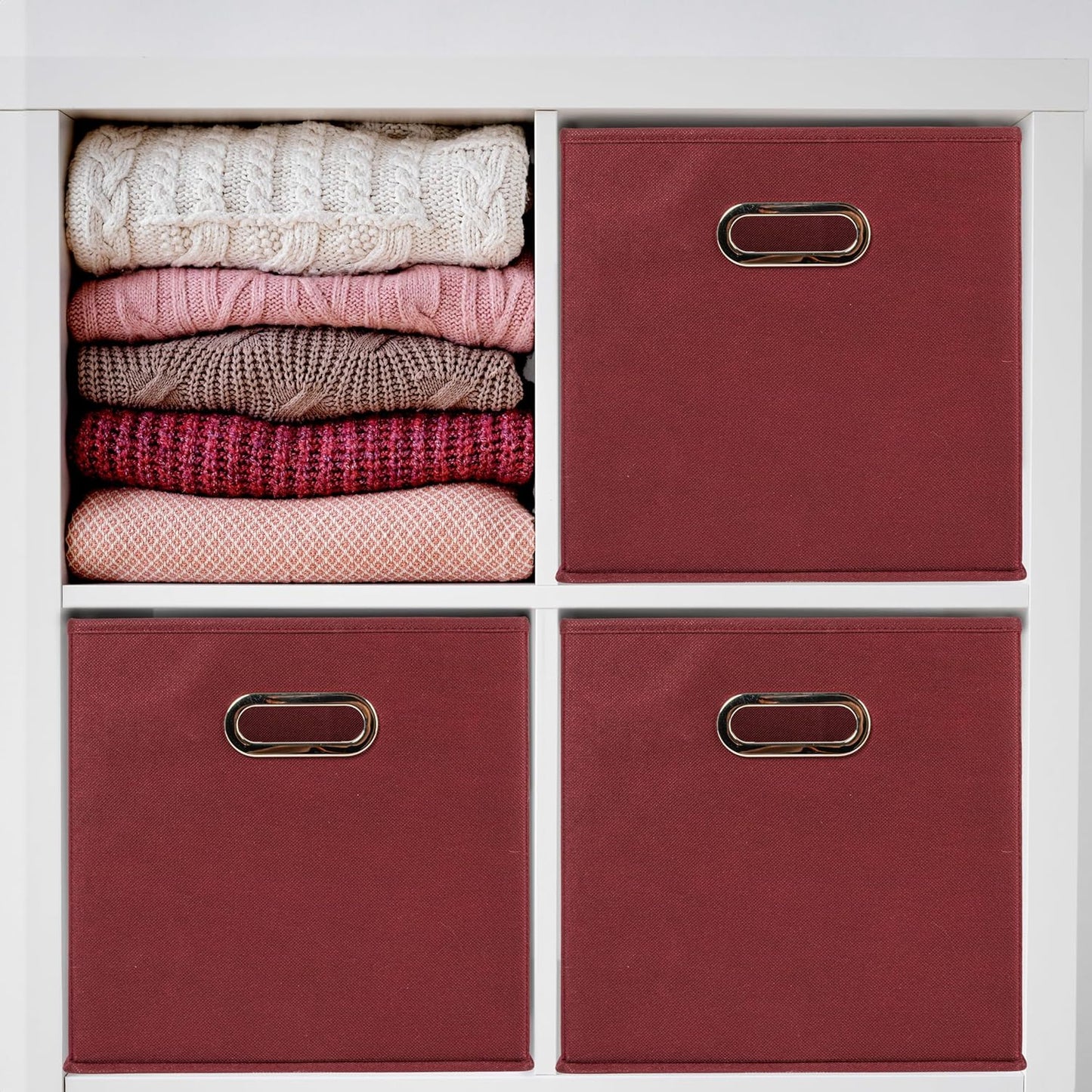 Household Essentials Fabric Storage Cube Bins, 6 Piece Set, Strong Poly-Woven Fabric, Chipboard Sides, Grommet Front Handle, Stackable and Foldable, Classic Design, Burgundy