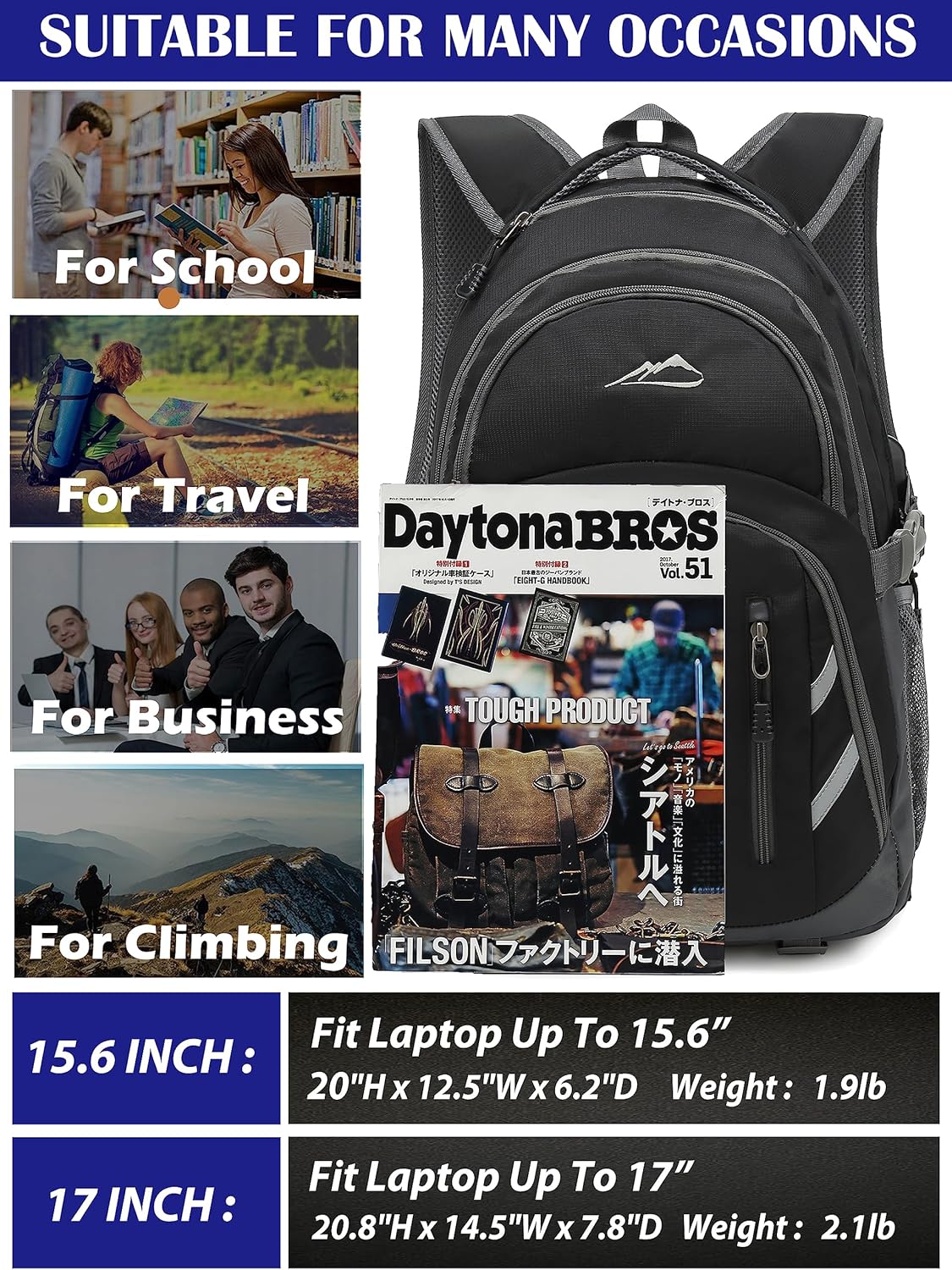 ProEtrade Backpack Bookbag for College Laptop Travel, Fit Laptop Up to 15.6 inch with USB Charging Port Multi Compartment Anti theft, Gift for Women Men (Black)