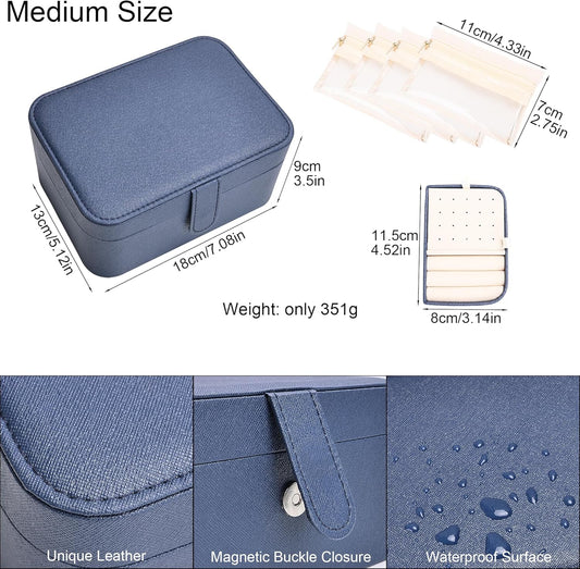2 Layer Portable Jewelry Box, Large Jewelry Travel Case with 4 Velvet Jewelry Pouches, Medium Size Jewelry Organizer Box for Earrings, Necklaces, Bracelets (dark blue)