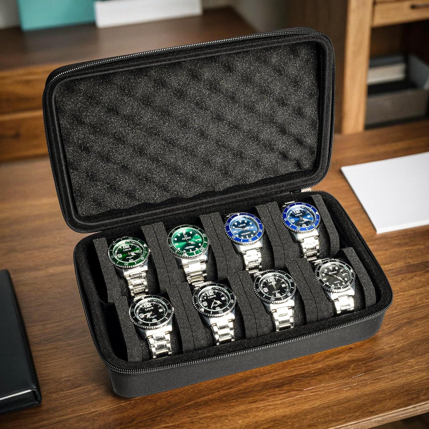 8 slots watch box, hard watch organizer case for men's women's watches, watch display organization holder with form-fitiing watch pillow