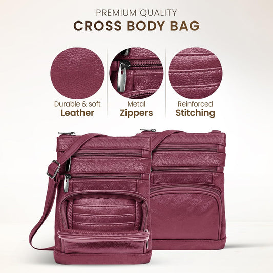 Krediz leather Crossbody Purses for Women, Multi Pocket Crossbody Purse with Adjustable Strap, Soft & Durable Leather Purse
