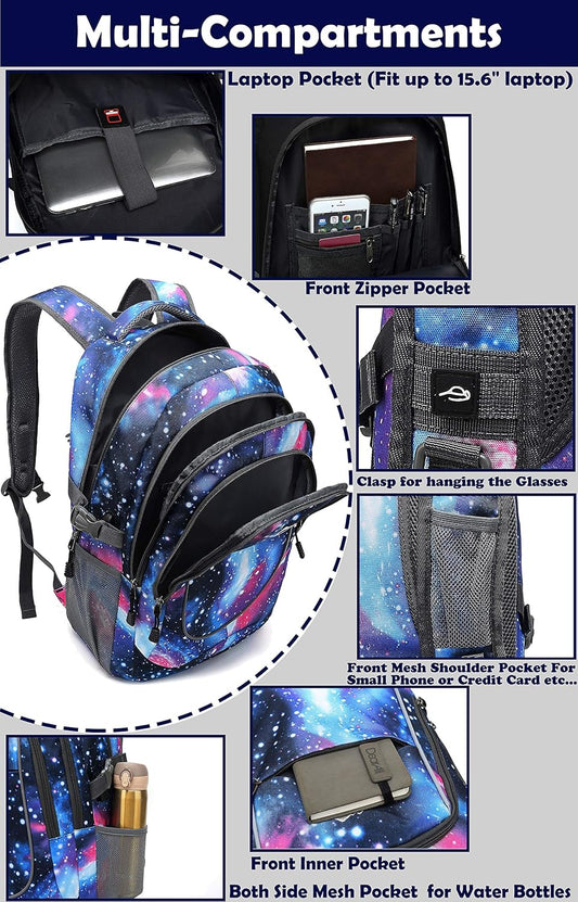 Galaxy Backpack for College Sturdy Bookbag Travel Business with USB Charging Port Laptop compartment Chest Straps Anti Theft Night Light Reflective (Galaxy)