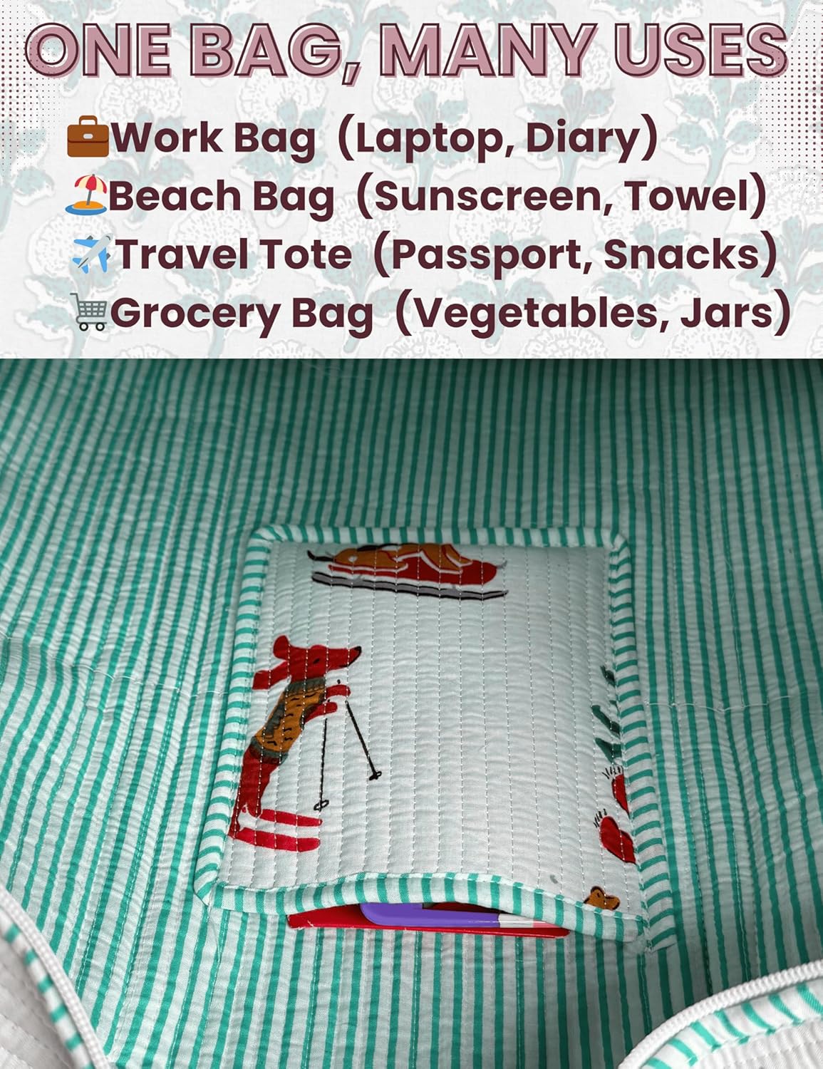 Cotton Quilted Tote Bag for Women – Large Beach & Travel Tote with Zipper, Reusable Grocery Bag