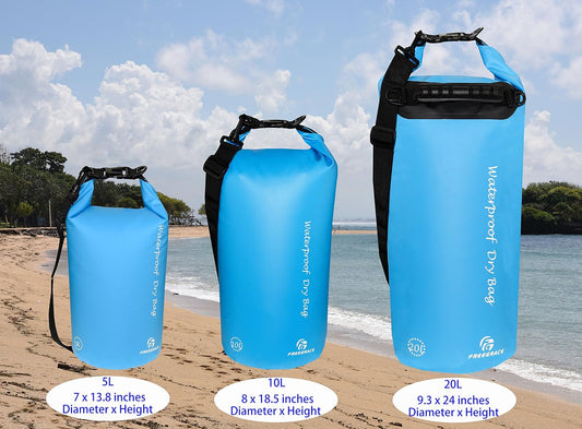 Freegrace Waterproof Dry Bags Set of 3 Dry Bag with 2 Zip Lock Seals & Detachable Shoulder Strap, Waist Pouch & Phone Case - Can Be Submerged Into Water - for Swimming (Sky Blue, 5L)