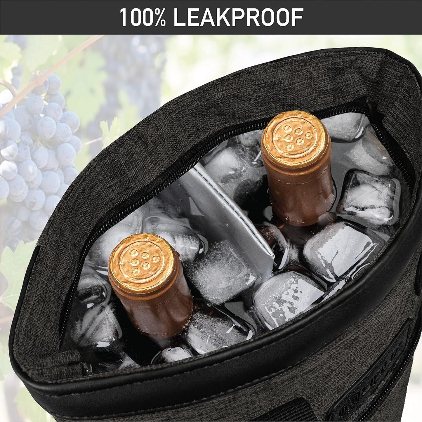opux Two Bottle Wine Bag Carrier Tote, Insulated Leakproof 2 Bottle Wine Cooler Bag for Travel BYOB Picnic, Portable Wine Case, Gift for Men Women Wine Lover Birthday Party Christmas, Charcoal Gray