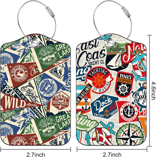 2 Pack Luggage Tag for Suitcase Nautical Patches Mountain Lake Camp Flag Leather Suitcase Tags with Privacy Name ID Label and Stainless Steel Loop for Travel Bag