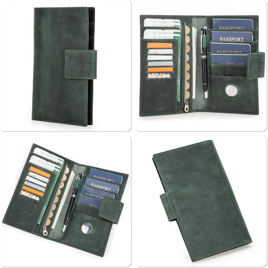 Top Grain Leather Travel Passport Wallet Holder for Man & Woman, Snap Button Design for 4 Passports & Multi Cards, RFID Blocking Large Capacity for Passports/Cards/Checks/Bills, Dark Green