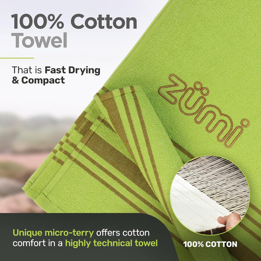 Zumi 100% Cotton Quick Dry Travel Towel - Soft, Thin, Compact, Highly Absorbent, Lightweight Camping Towel for Beach, Gym, Bath, Shower, Swimming, Dorm, RV - Green