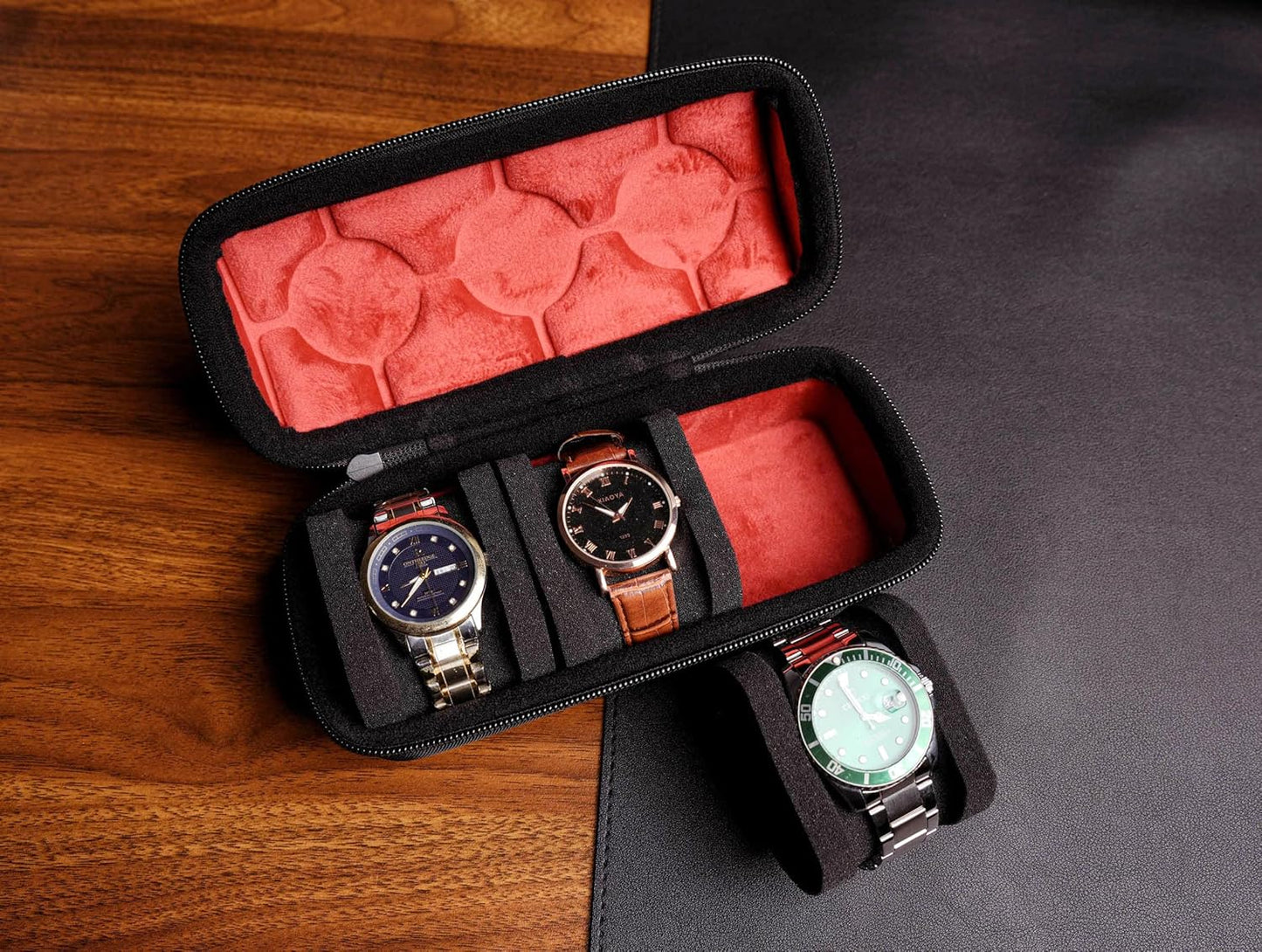 3 slots Watch travel case,Hard watch roll, travel watch case organizer holder with form-fitting pillow, red microfiber lining, fit large and small watches, perfect for travel and home.