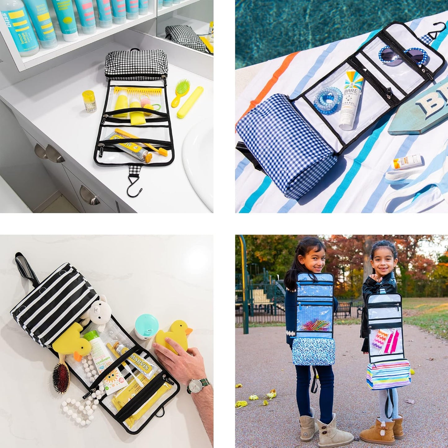 SCOUT Beauty Burrito Hanging Toiletry Bag - Cosmetic Organizer with 3 Compartments, Rolls Up to Pack, Hook for Hanging