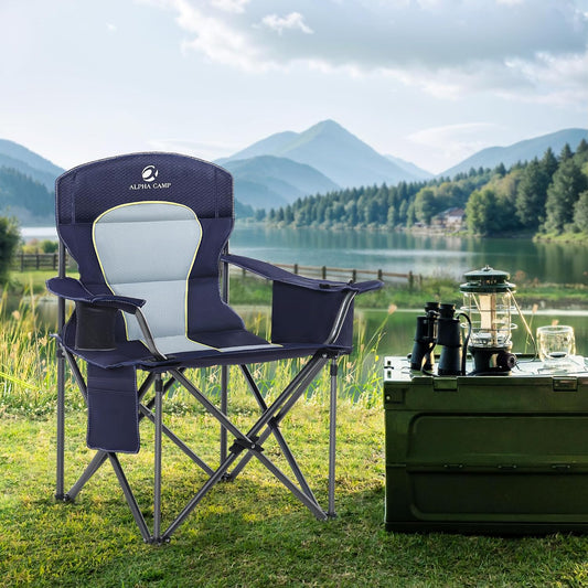 LET'S CAMP Oversized Folding Camping Chair Portable Outdoor Heavy Duty Padded Chairs Lawn Chair with Cup Holder, Storage Pocket and Cooler Bag, Supports 450LBS, for Camp, Travel, Picnic (Blue)
