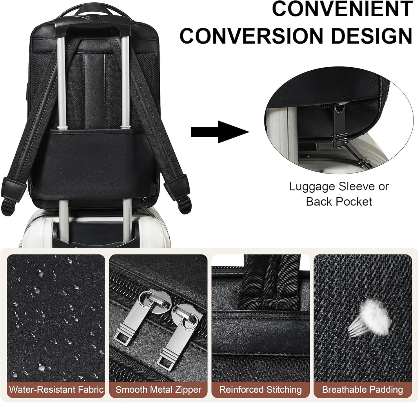 Vegan Leather Laptop Backpack for Women&Men,16 Inch Expandable Backpack with USB Charging Port,Two-toned Black