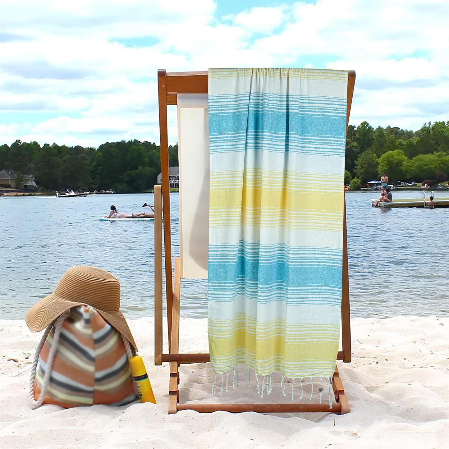 HILLFAIR Cotton Turkish Beach Towels, Quick Dry Lightweight Sand Free Peshtemal Towel for Bath Swim Yoga Travel, Beach Accessories, Oversized Cotton Turkish Towels (39 x 72 inch- 4 Pack Yellow Blue)