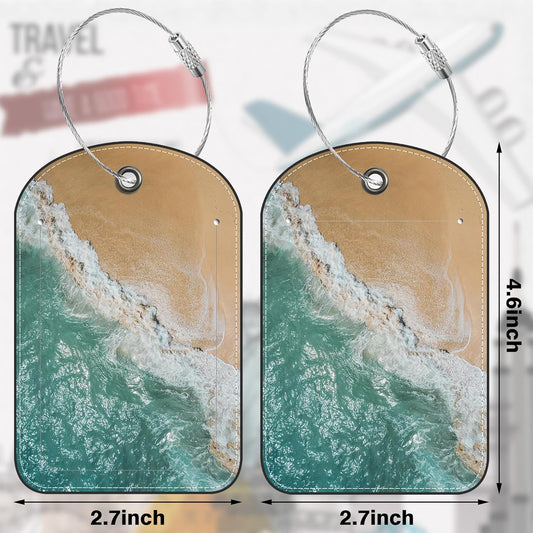 2 PCS Leather Luggage Tag for Suitcase Sea Waves and Sand Beach Scene Travel Suitcase Labels with Privacy Name ID Label and Stainless Steel Loop for Adults Teens Travel Bag Labels Set