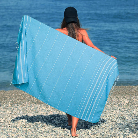 HILLFAIR Cotton Turkish Beach Towels, Quick Dry Lightweight Sand Free Peshtemal Towel for Bath Swim Yoga Pool Travel, Beach Accessories, Oversized Cotton Turkish Towels (39 x 72 inch- 4 Pack Sky)