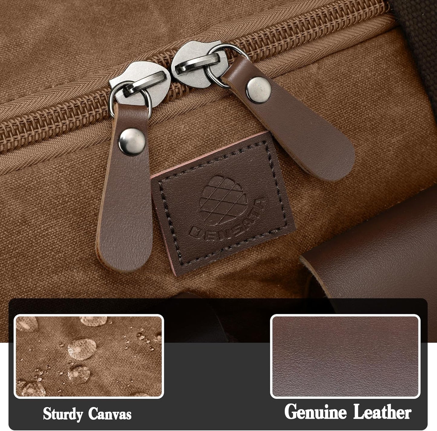 Waxed Canvas Duffle Bag for Men 50L Travel Duffel Bags Expandable Genuine Leather Duffel Overnight Weekender Carry On Bag Two Zipper Pockets Travel Bag (Vintage Dark Brown, Large-50L)