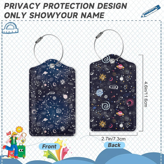 Space Moon Luggage Tags for Suitcases,2 Pack Planets Luggage Tag,Leather Stainless Steel Loop Label Tag for Women Men Girls Travel Bag Suitcase