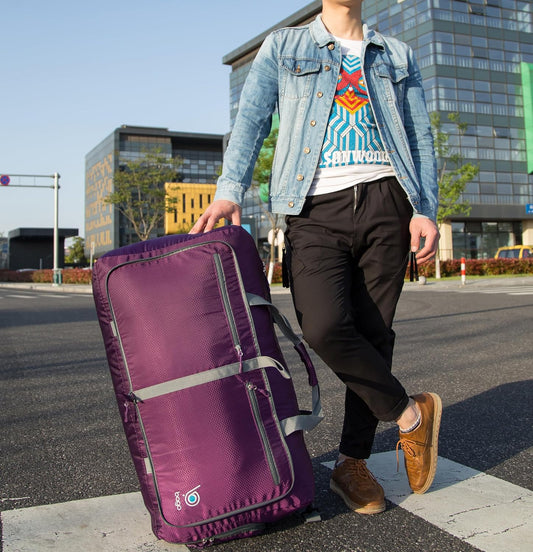 Bago Large Foldable Duffel Bags for Traveling Women & Men - 80L Packable Duffle Bag for Travel with Shoe Compartment - Water Repellant, Heavy Duty, Lightweight Folding & Collapsible (Purple)