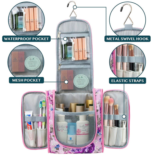 PAVILIA Toiletry Bag Travel Bag for Women Men, Hanging Cosmetic Organizer, Water Resistant Makeup Bag for Accessories Toiletries, Large Travel Essentials Kit (Floral Pink)