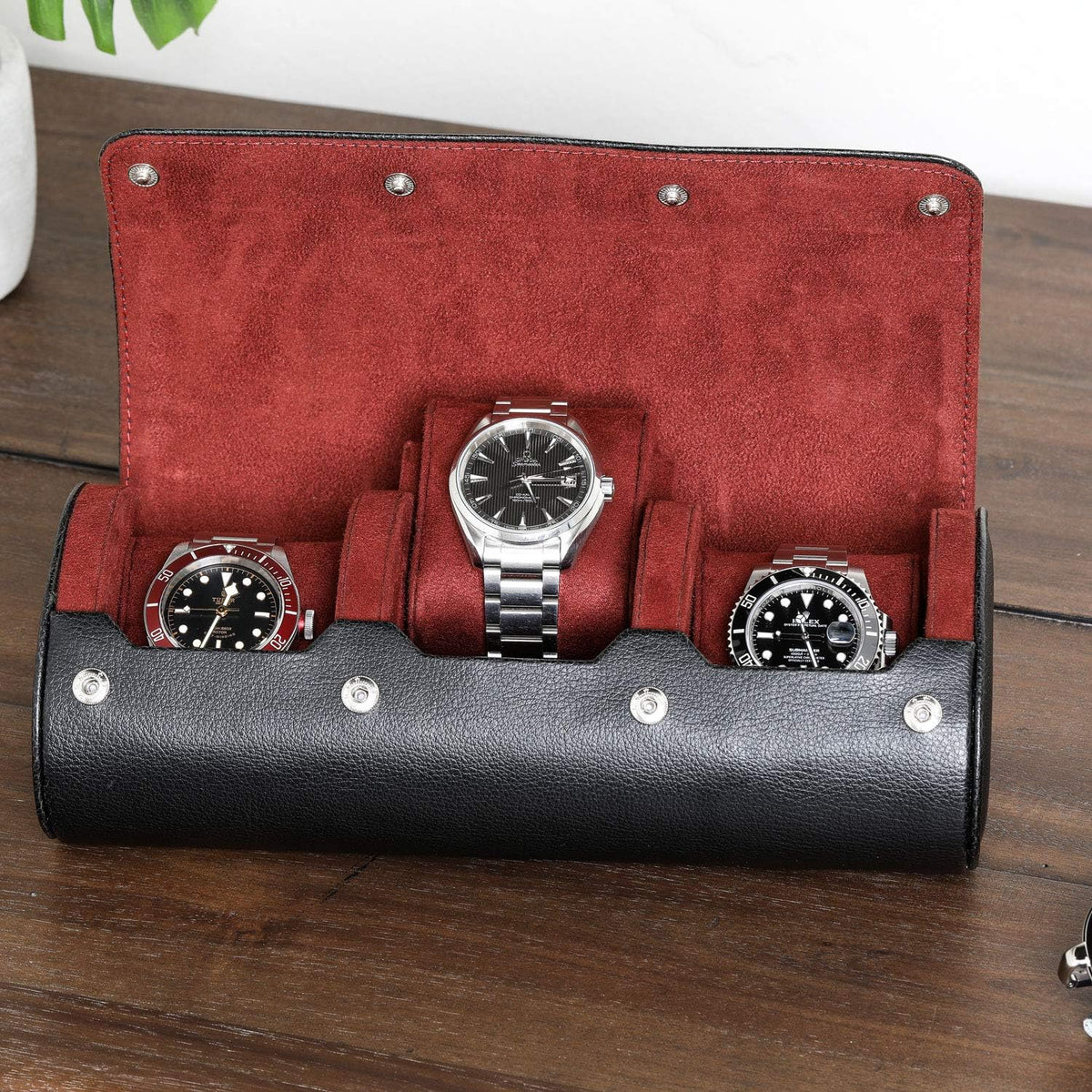 ROTHWELL Watch Roll Travel Case for 3 Watches | Tough Portable Protection, Fits All Wrist Watch & Smart Watches Up to 50mm (Black/Red)