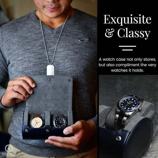 2 Watch Travel Case for Men – Watch Roll - Midnight Blue Vegan Leather