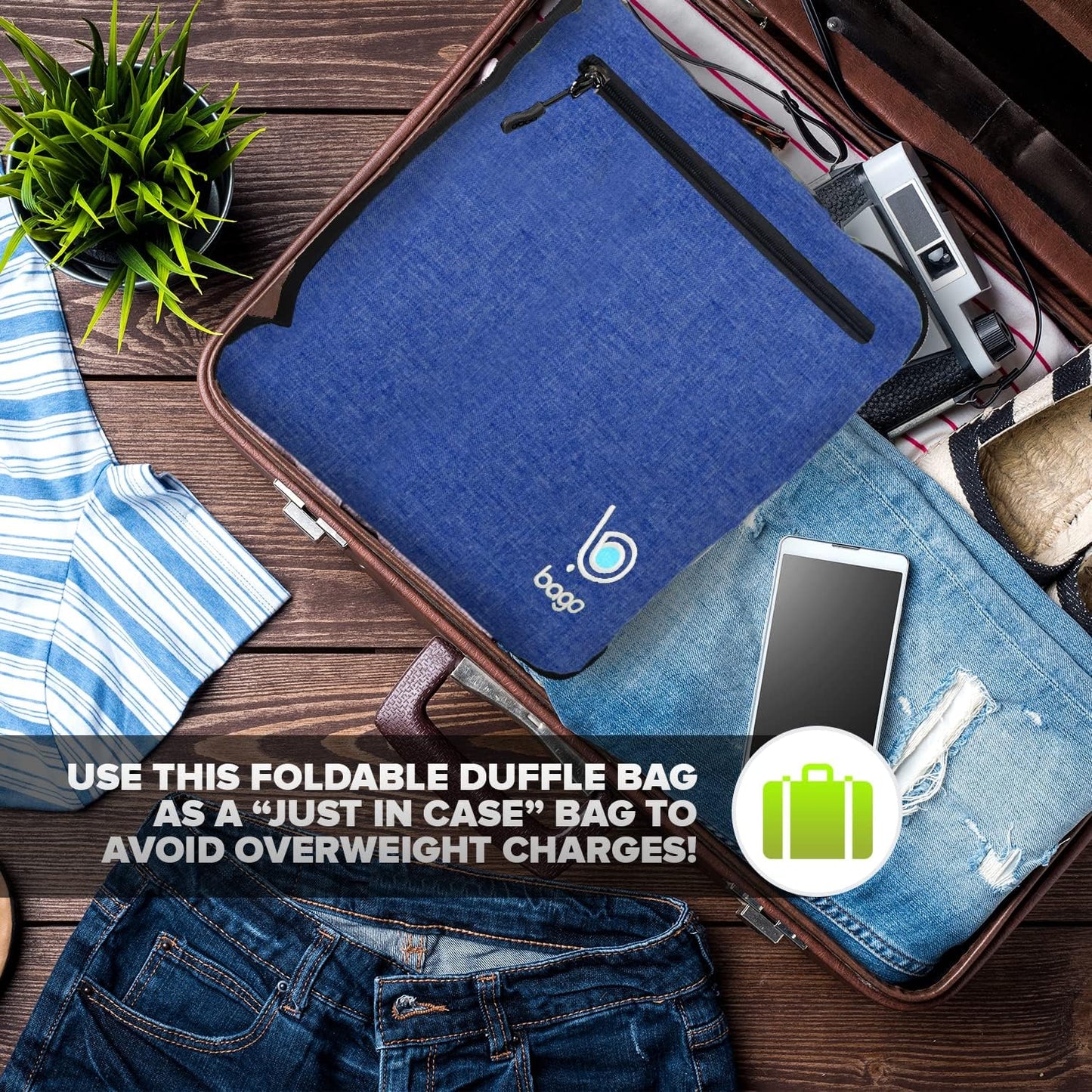 Bago Large Foldable Duffel Bags for Traveling Women & Men - 120L Packable Duffle Bag for Travel with Shoe Compartment - Water Repellant, Heavy Duty, Lightweight Folding & Collapsible (SnowDepBlue)