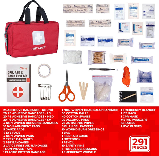 Thrive Home Essentials First Aid Kit (291 Pieces) - First Aid Bag with Multi-Sized Bandage, Gauze, Wipes, Scissors, Gloves, Tape, Ice Pack and More