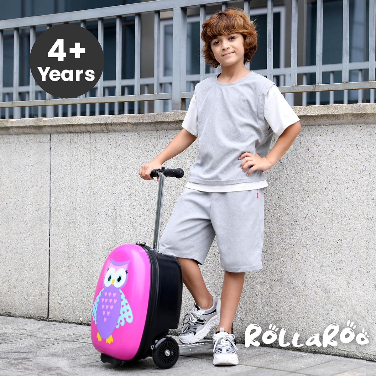 Owl Kids Scooter Suitcase - Folding Kids Luggage with Wheels - Multifunctional Ride on Luggage Travel suitcase with Strong Grip, Easy Locks and Zippers – Capacity to Hold 110LB