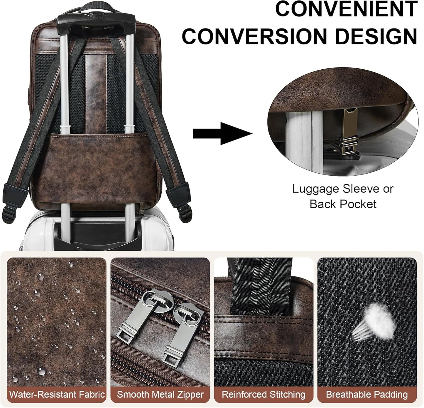 Vegan Leather Laptop Backpack for Women&Men,16 Inch Expandable Backpack with USB Charging Port,Two-toned Coffee