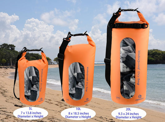 Freegrace Waterproof Dry Bags Set of 3 Dry Bag with 2 Zip Lock Seals & Detachable Shoulder Strap, Waist Pouch & Phone Case - Can Be Submerged Into Water - for Swimming (Orange(Window), 5L)