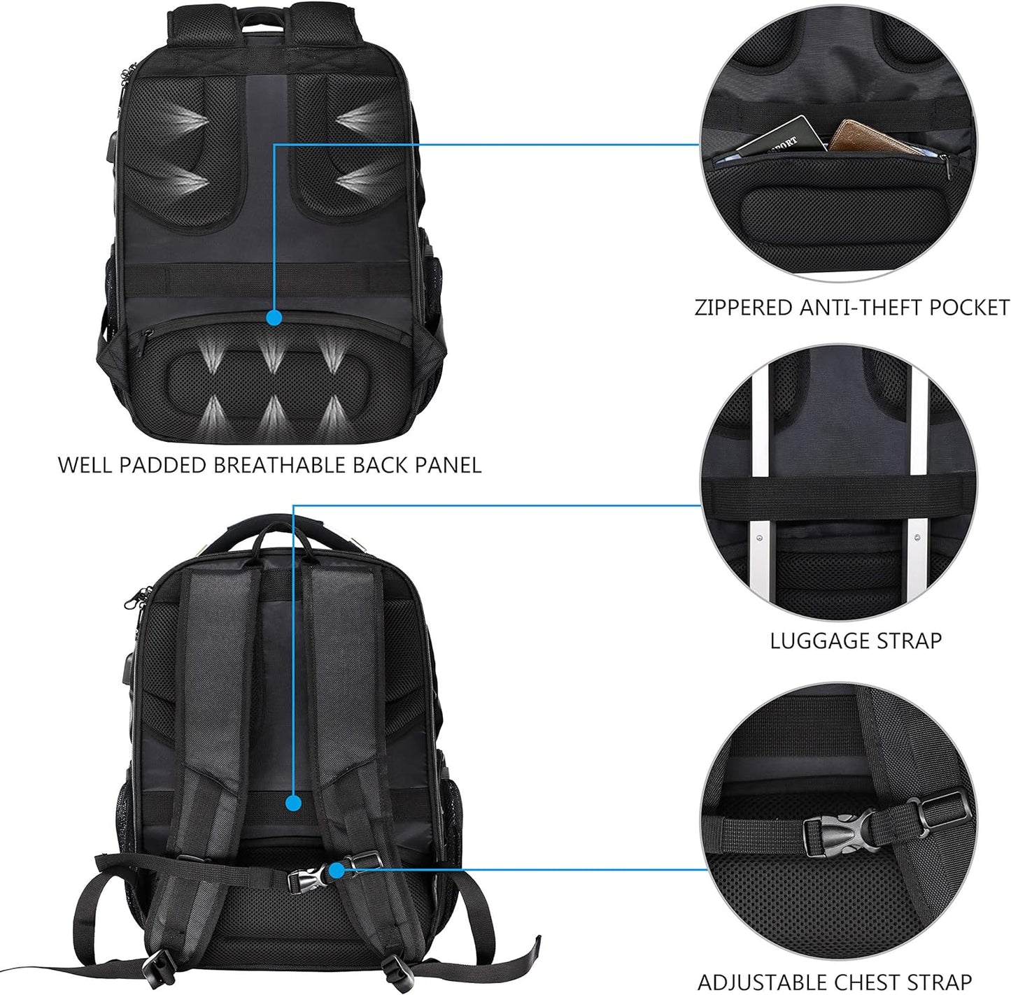 KROSER TSA Friendly Travel Laptop Backpack 17.3 inch XL Computer Backpack Water-Repellent College Daypack Business Backpack with RFID Pockets & USB Port for Men/Women-Black